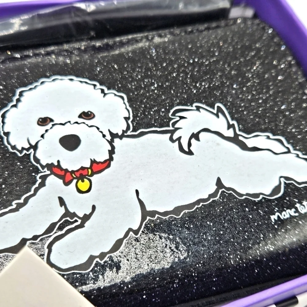 NEW Marc Tetro White Bichon Frise Dog Black Glitter Wristlet Wallet with Box